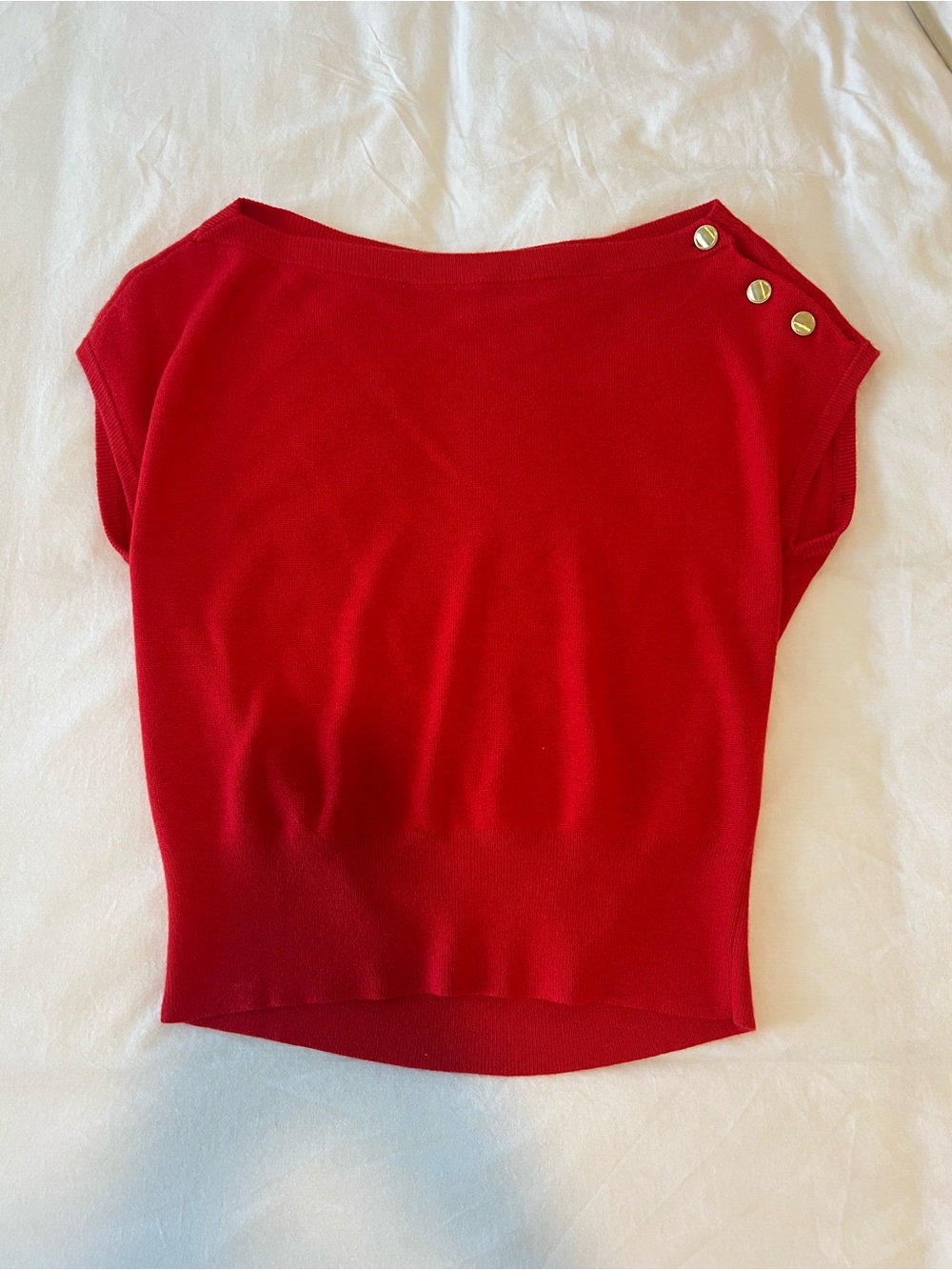 Ann Taylor Red Boatneck Short Sleeve Top with Gold Buttons